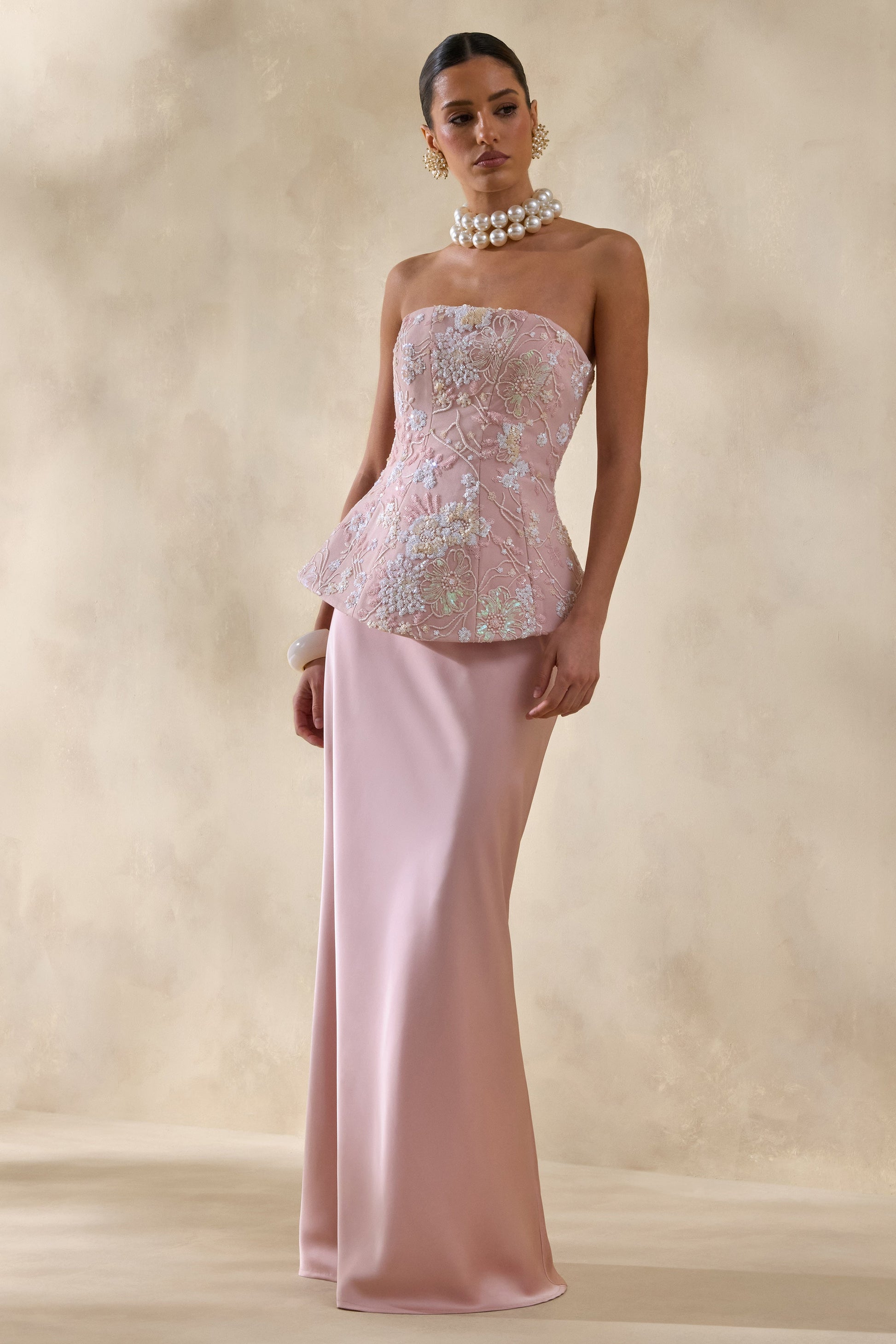 Corvina | Pink Embellished Floral Bandeau Corset Maxi Dress