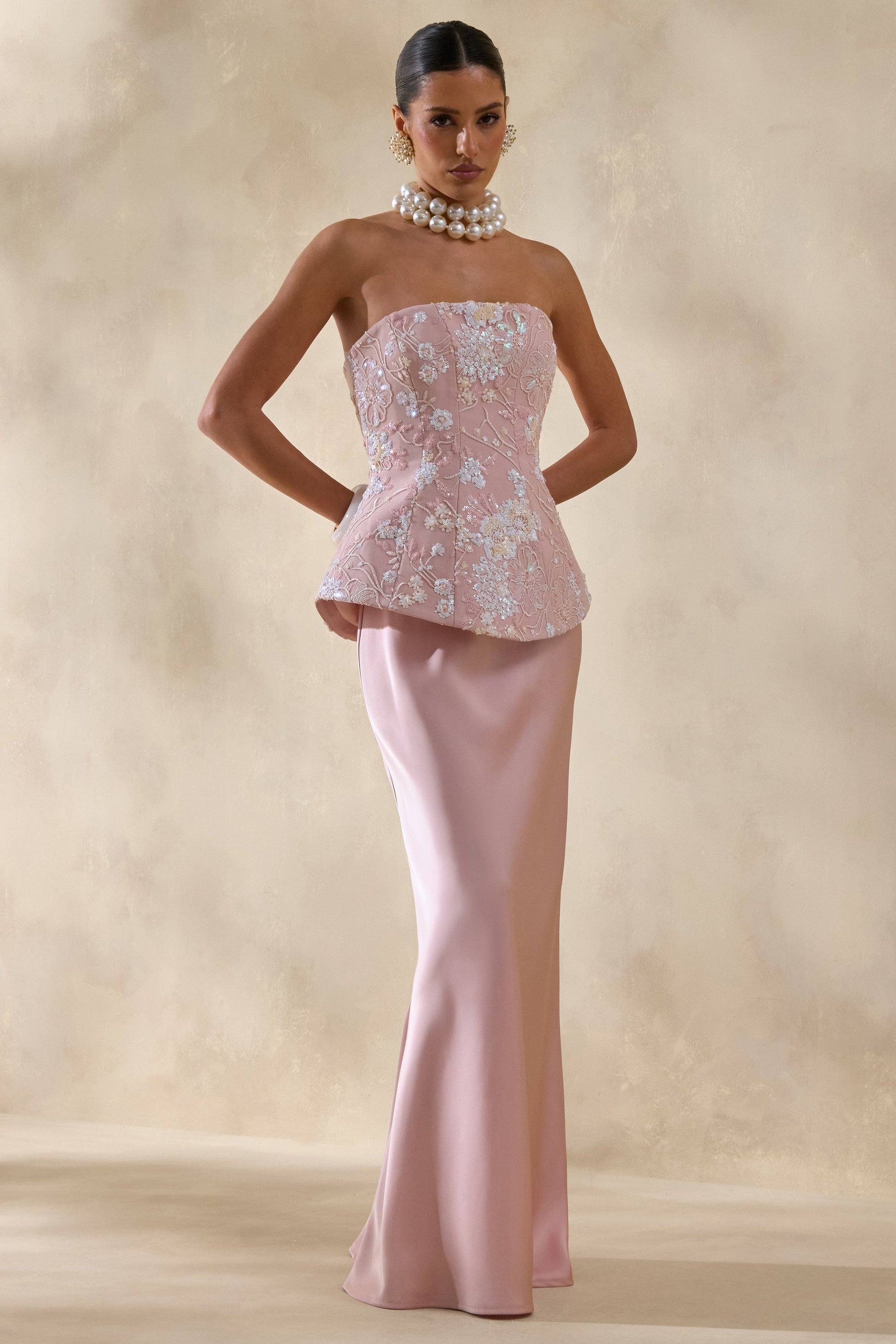 Corvina | Pink Embellished Floral Bandeau Corset Maxi Dress