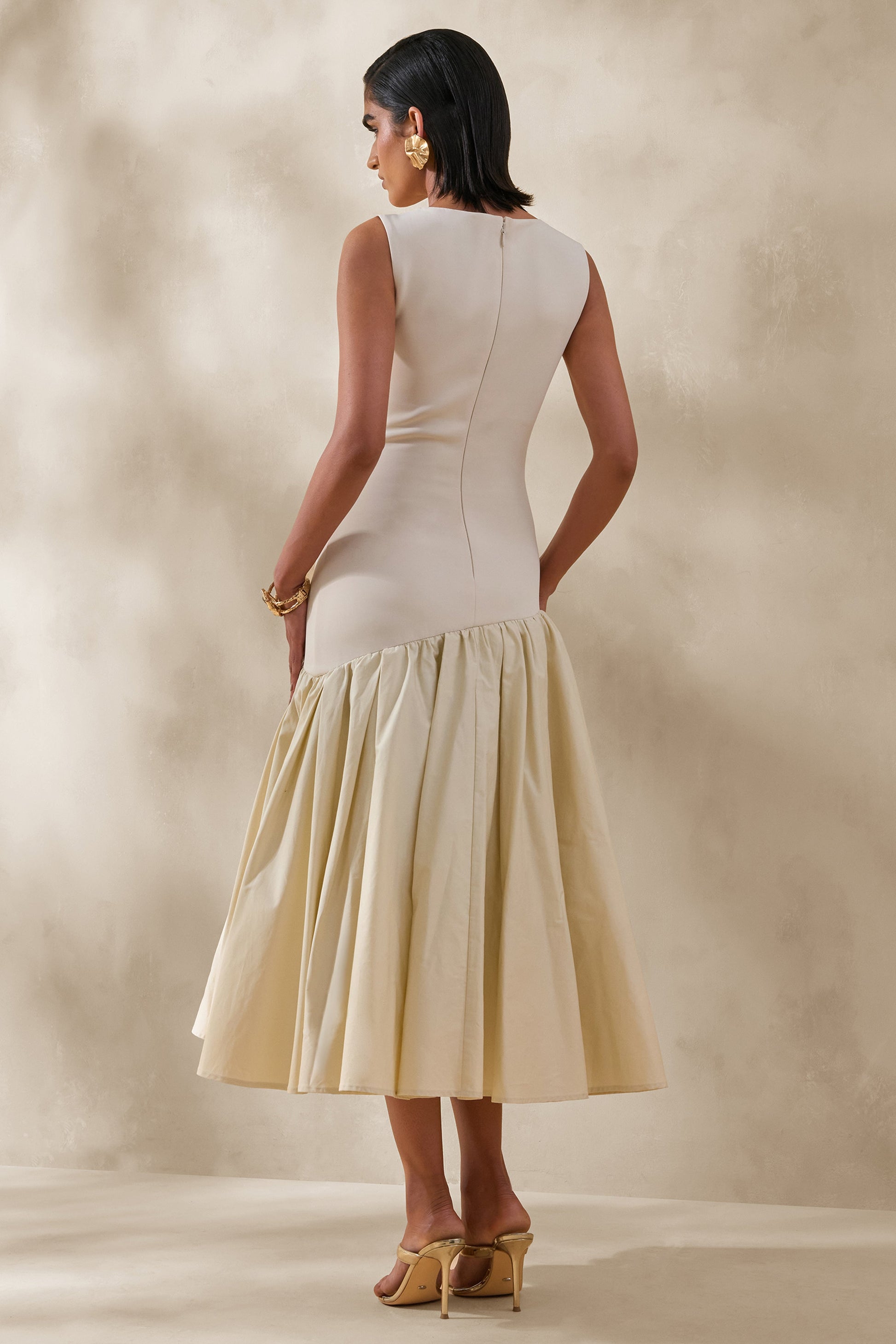 Fantasia | Cream Boat-Neck Midi Dress With Asymmetric Drop-Waist
