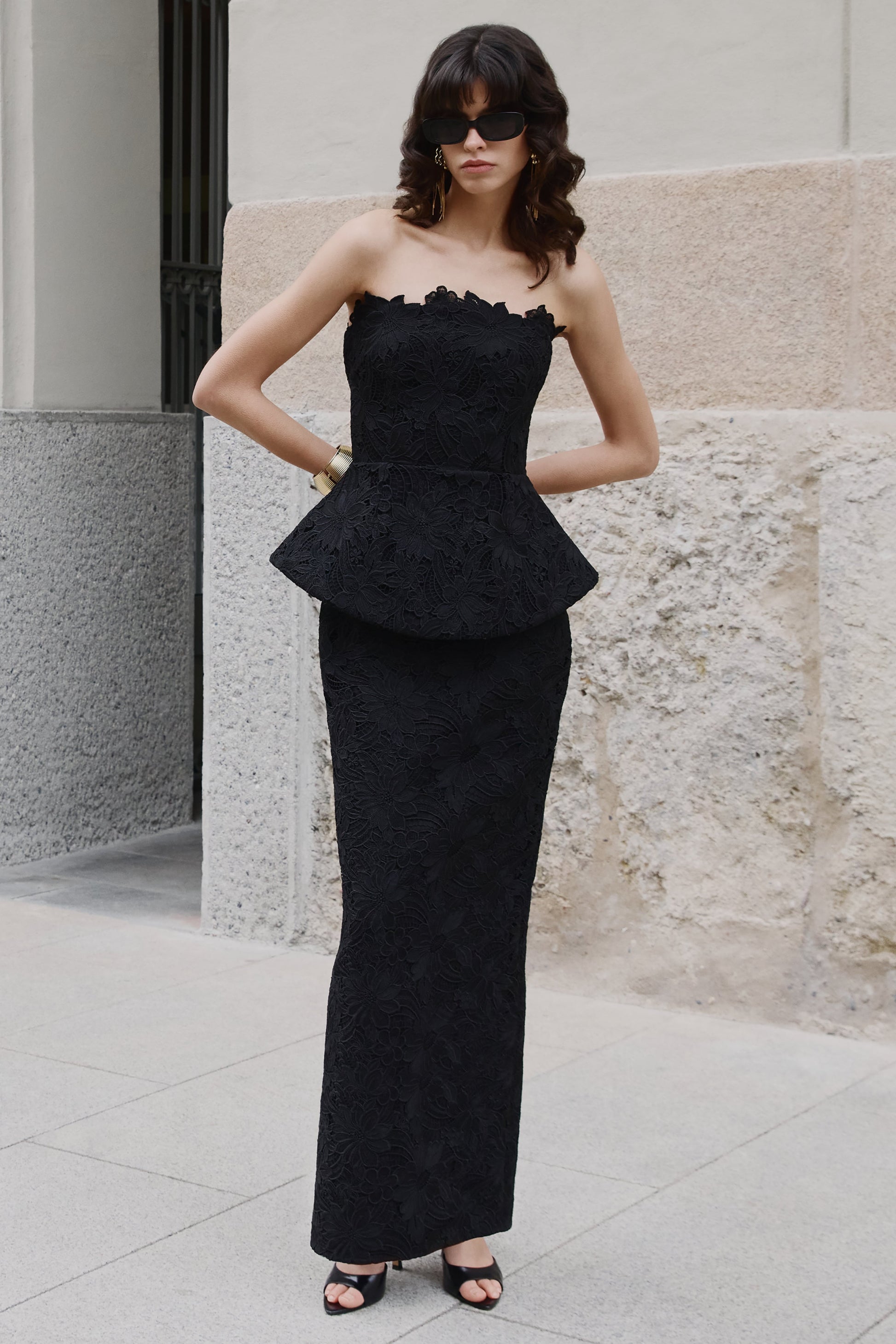 Delvine | Black Lace Bandeau Corset Maxi Dress