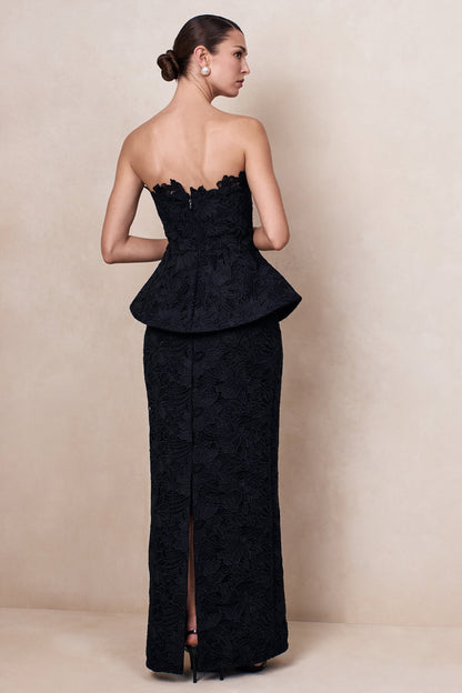 Delvine | Black Lace Bandeau Corset Maxi Dress