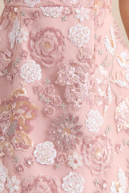 Sorina | Blush Pink Floral Embellished Sweetheart-Neck Mini Dress