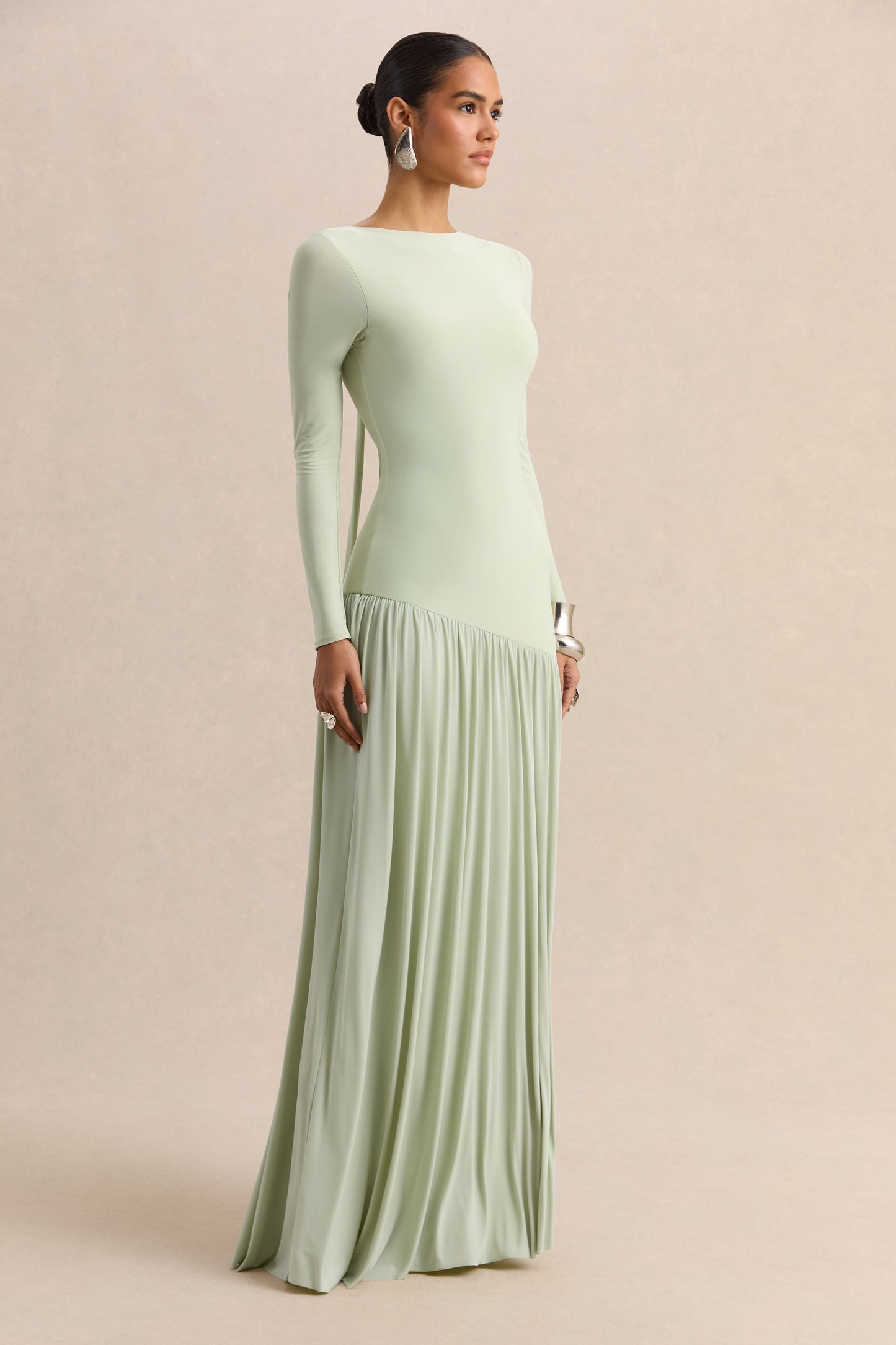 Jasira | Mint Crew-Neck Maxi Dress With Asymmetric Drop-Waist