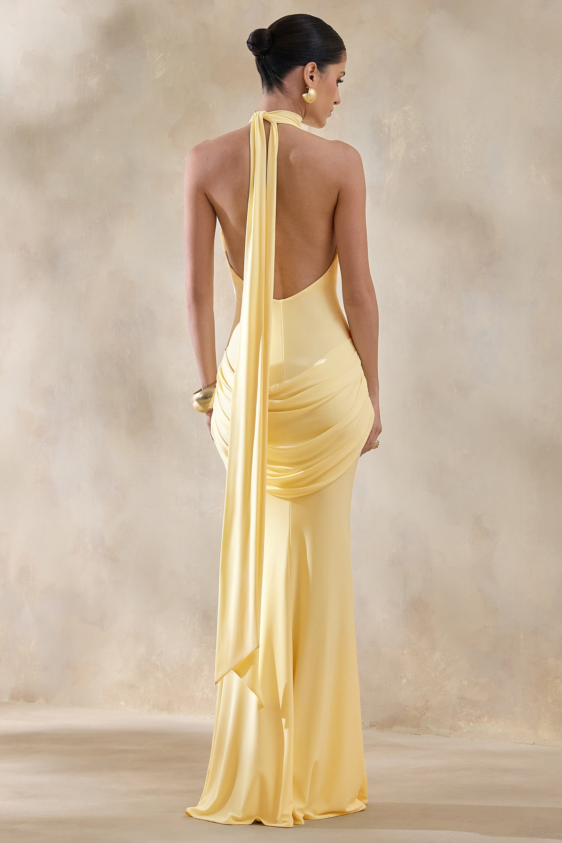Daisy | Lemon Halter-Neck Maxi Dress With Draped-Detailing