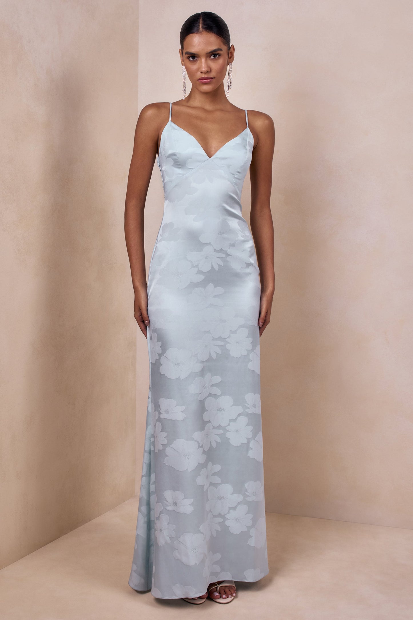 Carelle | Powder Blue Satin Plunge-Neck Maxi Dress With Asymmetric Drop-Waist