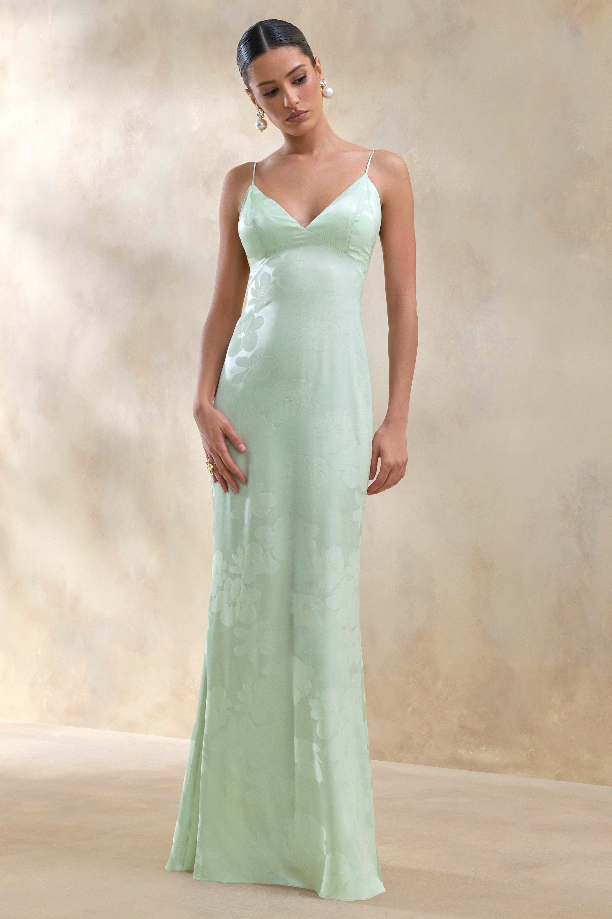 Carelle | Green Satin Plunge-Neck Maxi Dress With Asymmetric Drop-Waist