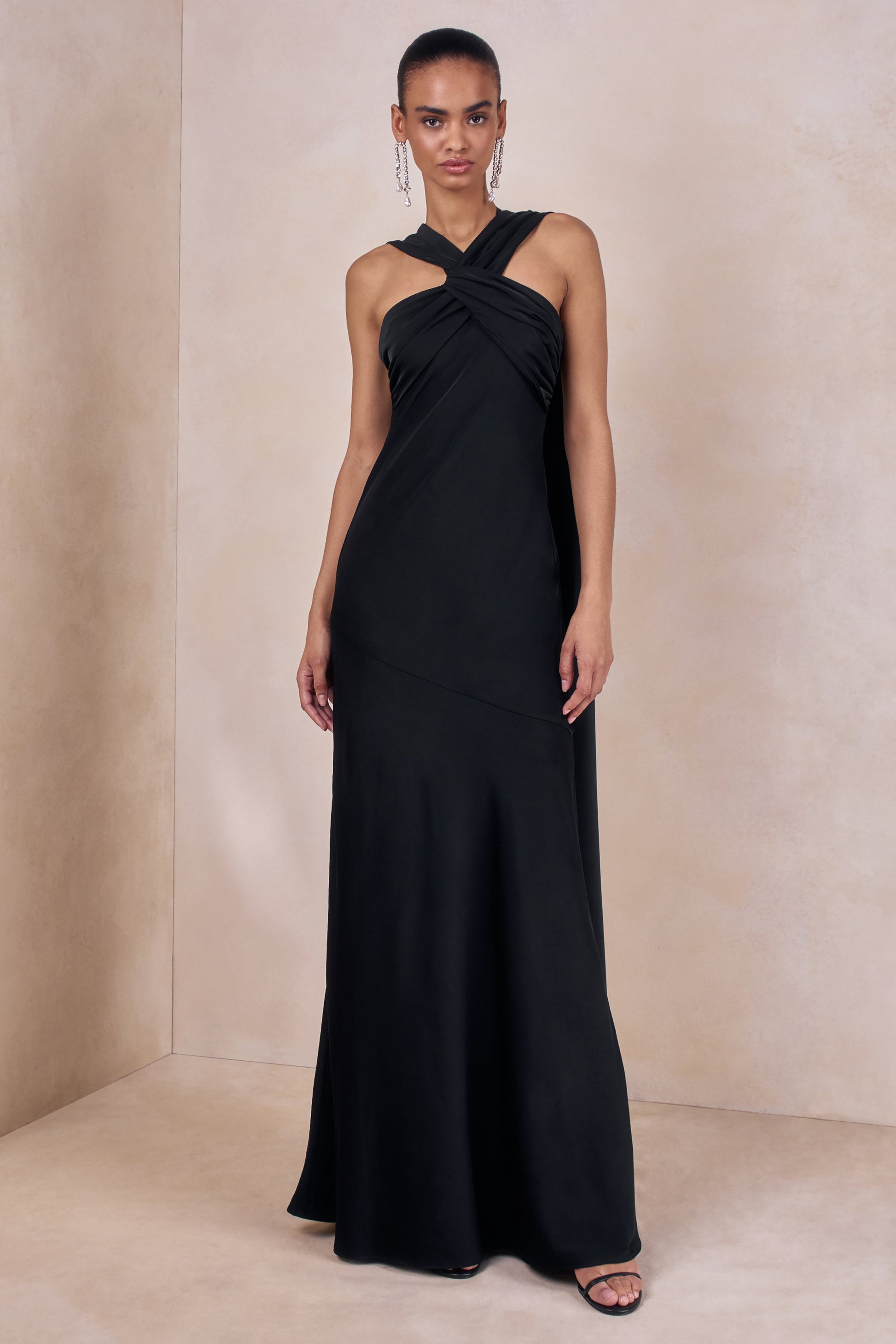 Sloane | Black Matte Satin Halter-Neck Maxi Dress With Cape