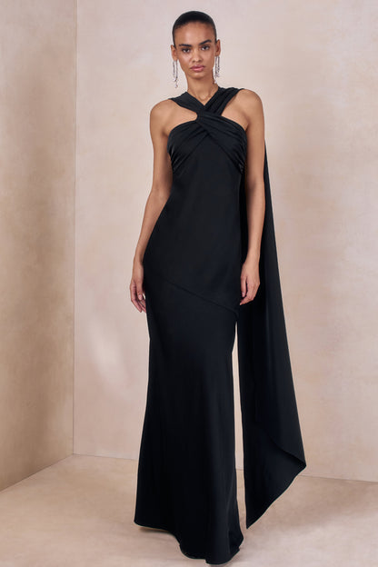 Sloane | Black Matte Satin Halter-Neck Maxi Dress With Cape