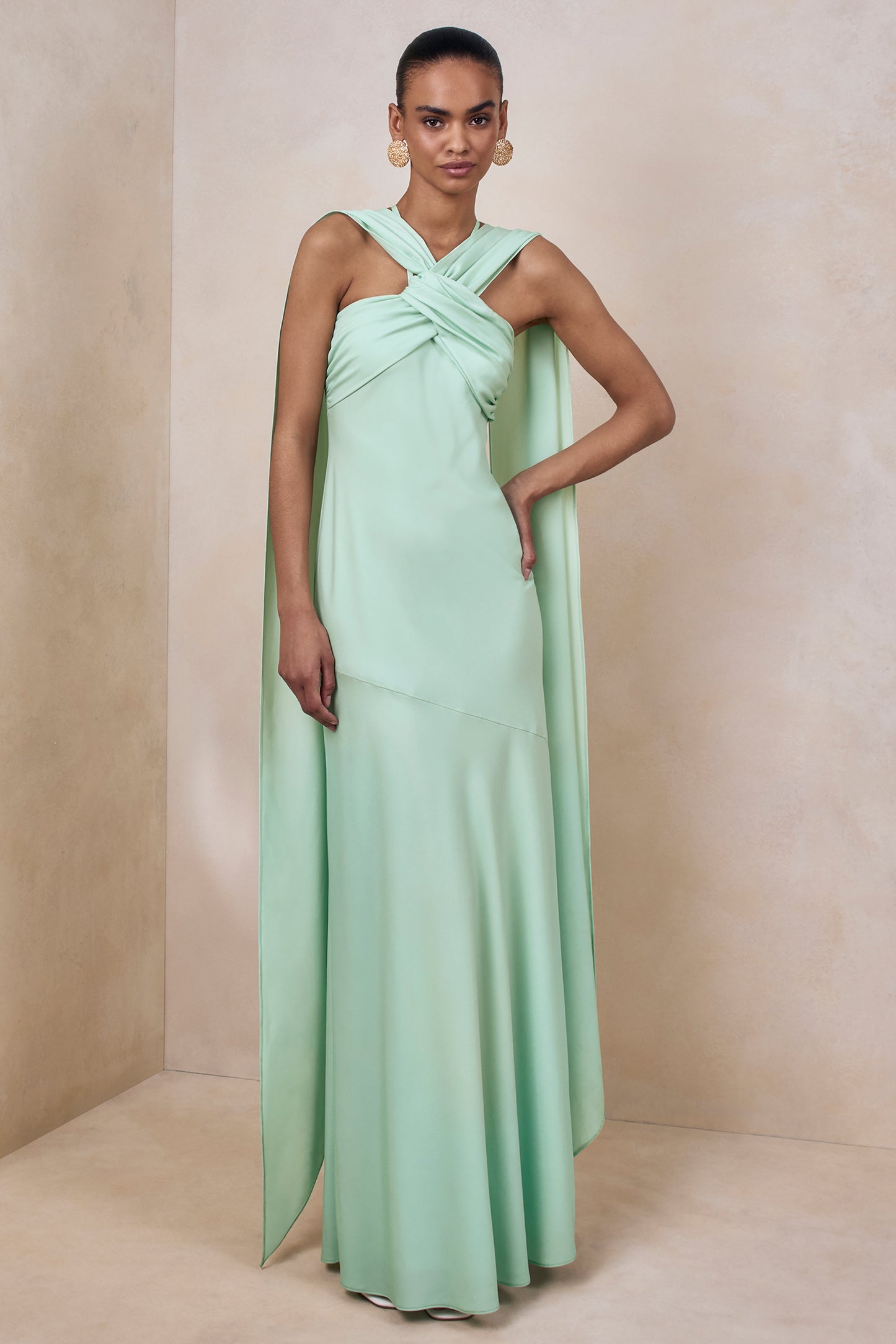 Sloane | Mint Matte Satin Halter-Neck Maxi Dress With Cape