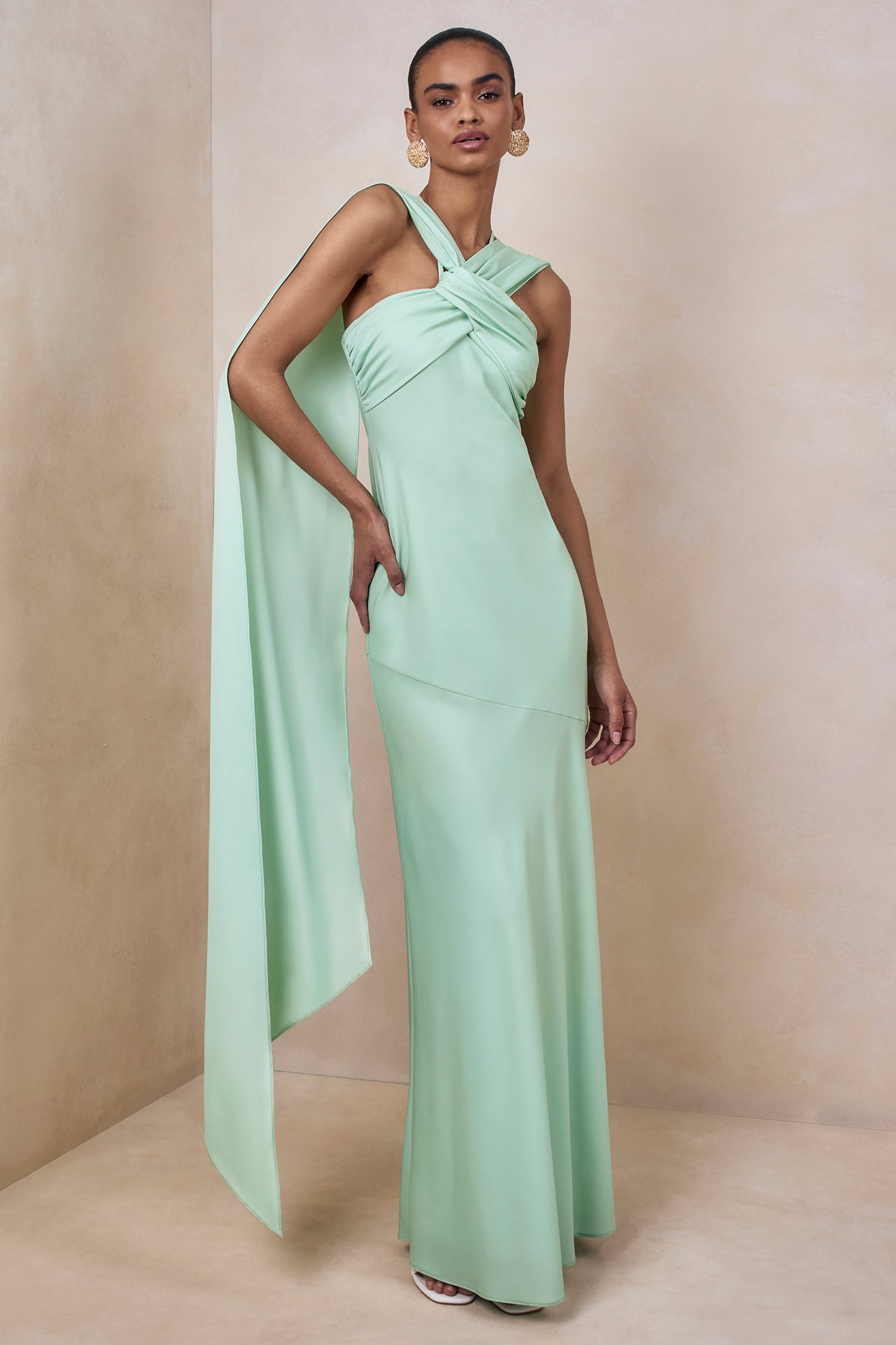 Sloane | Mint Matte Satin Halter-Neck Maxi Dress With Cape