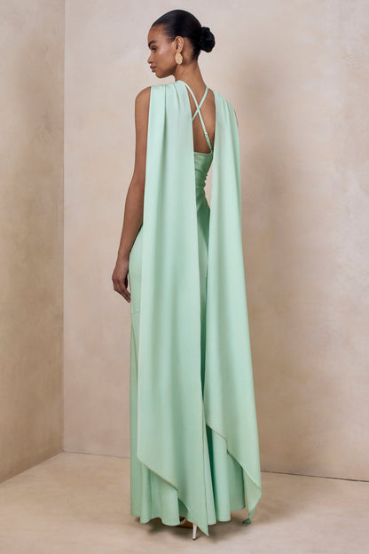 Sloane | Mint Matte Satin Halter-Neck Maxi Dress With Cape