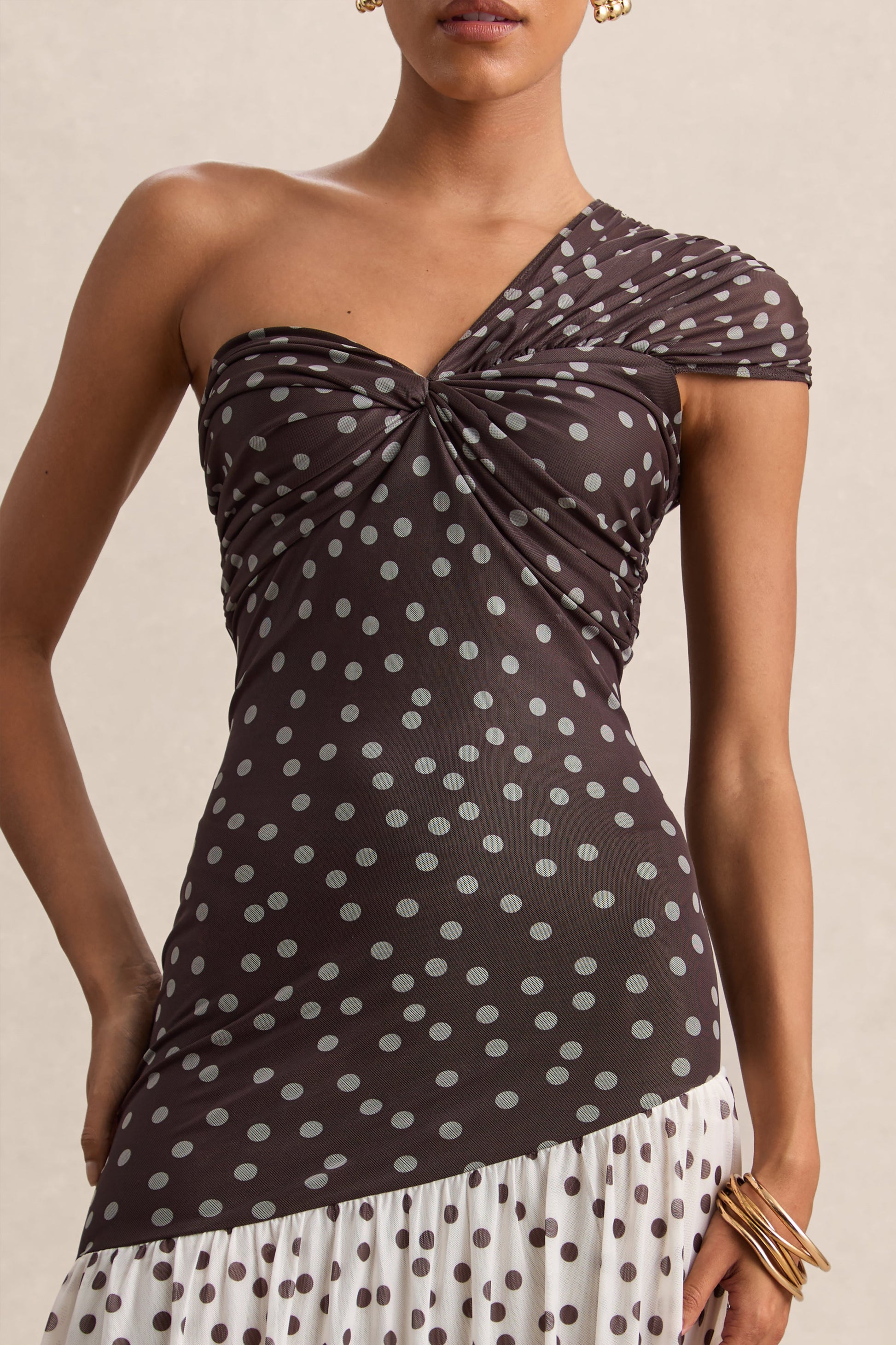 Motira | Brown Polka-Dot Asymmetric-Neck Maxi Dress With Asymmetric Drop-Waist