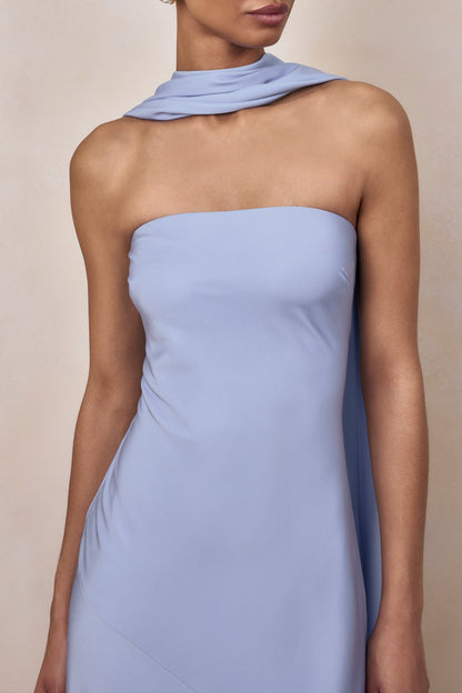 Charly | Powder Blue Matte Satin Bandeau Maxi Dress With Scarf-Detail