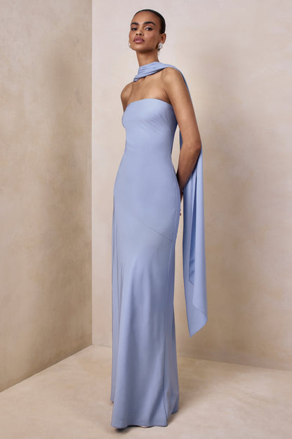 Charly | Powder Blue Matte Satin Bandeau Maxi Dress With Scarf-Detail