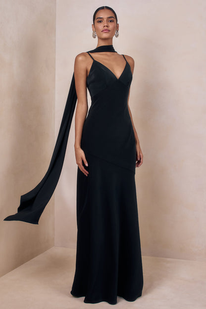 Starling | Black Matte Satin Plunge-Neck Maxi Dress With Scarf-Detail