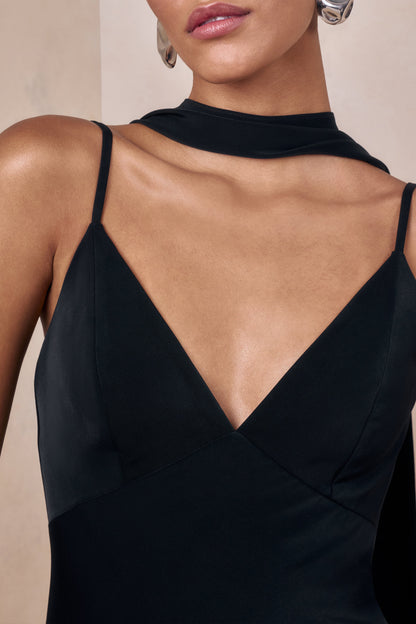 Starling | Black Matte Satin Plunge-Neck Maxi Dress With Scarf-Detail