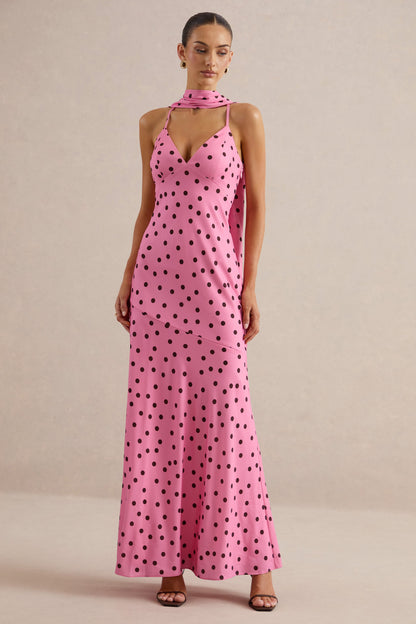 Starling | Pink & Black Polka Dot Matte Satin Plunge-Neck Maxi Dress With Scarf-Detail