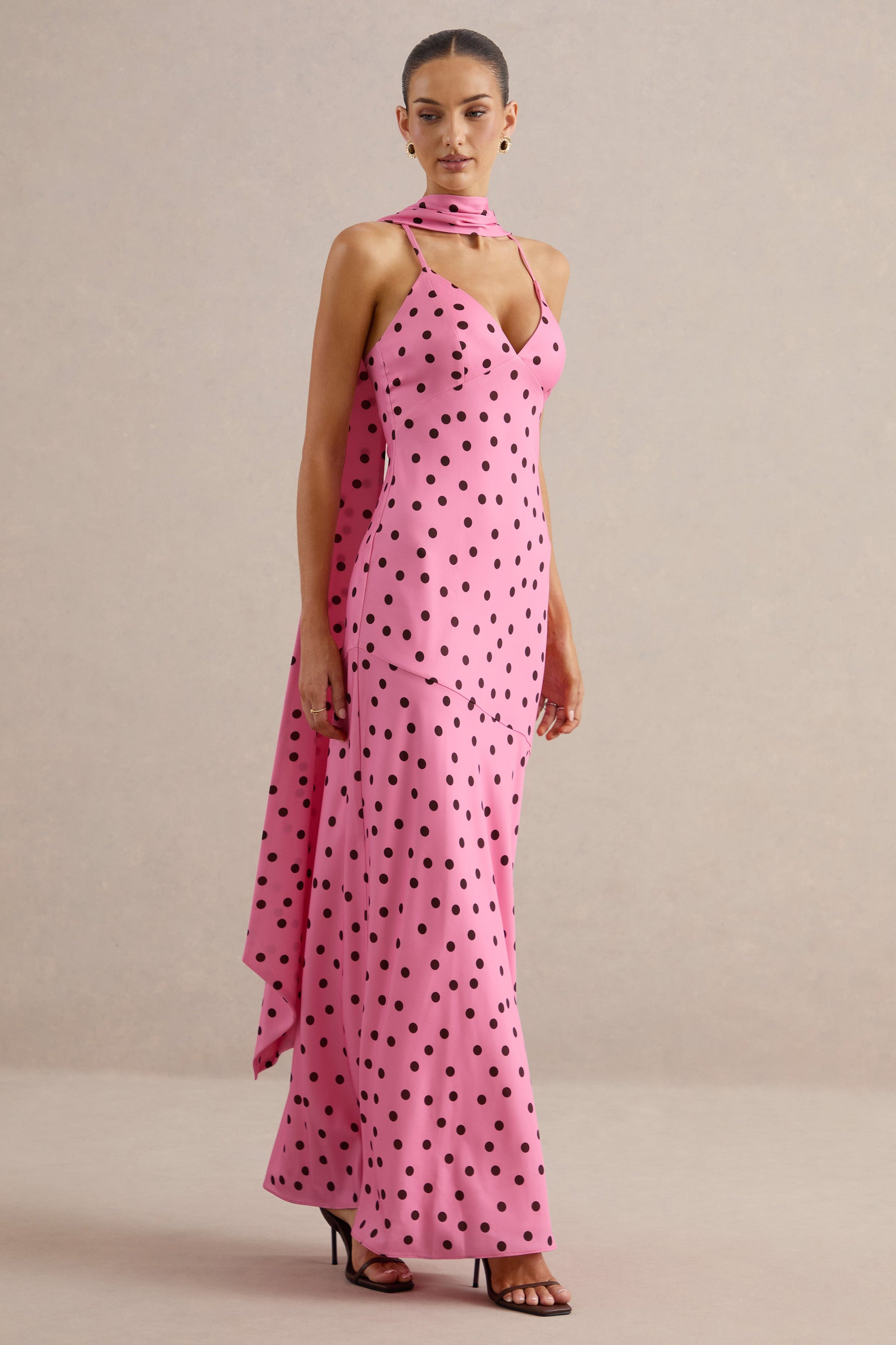 Starling | Pink & Black Polka Dot Matte Satin Plunge-Neck Maxi Dress With Scarf-Detail