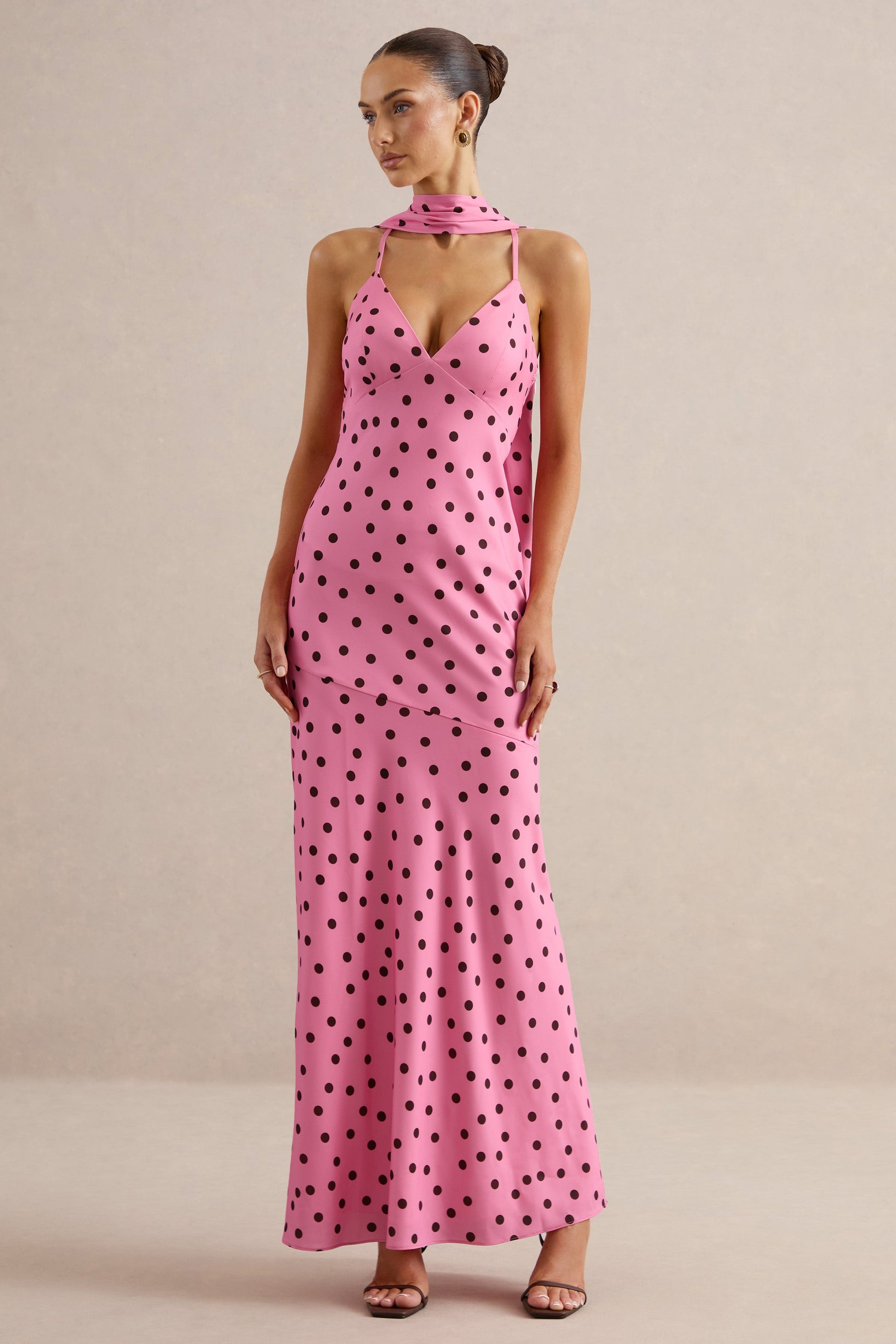 Starling | Pink & Black Polka Dot Matte Satin Plunge-Neck Maxi Dress With Scarf-Detail