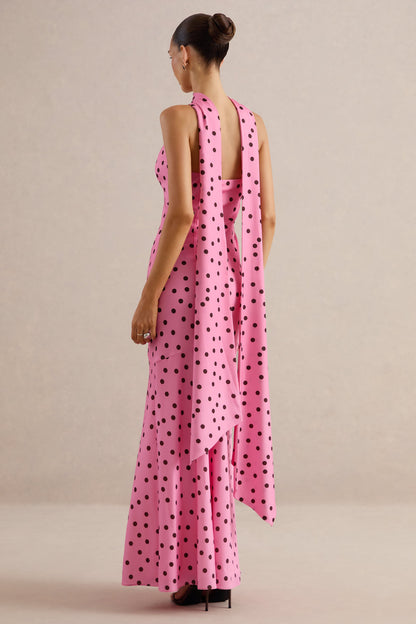 Starling | Pink & Black Polka Dot Matte Satin Plunge-Neck Maxi Dress With Scarf-Detail