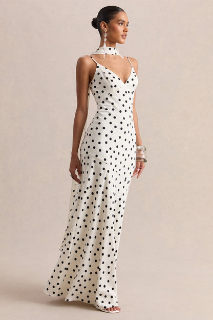 Starling | White & Black Polka Dot Matte Satin Plunge-Neck Maxi Dress With Scarf-Detail