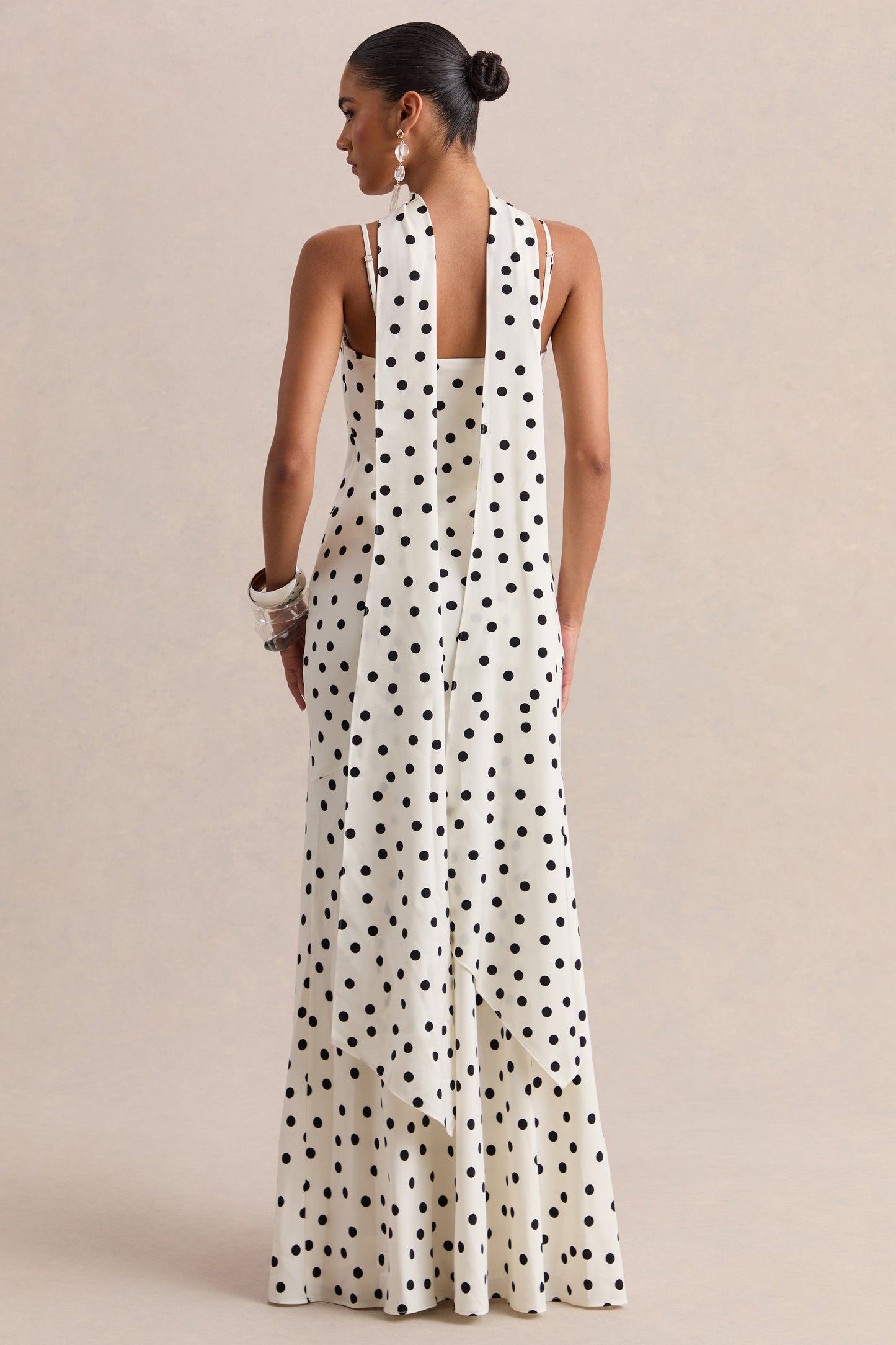 Starling | White & Black Polka Dot Matte Satin Plunge-Neck Maxi Dress With Scarf-Detail