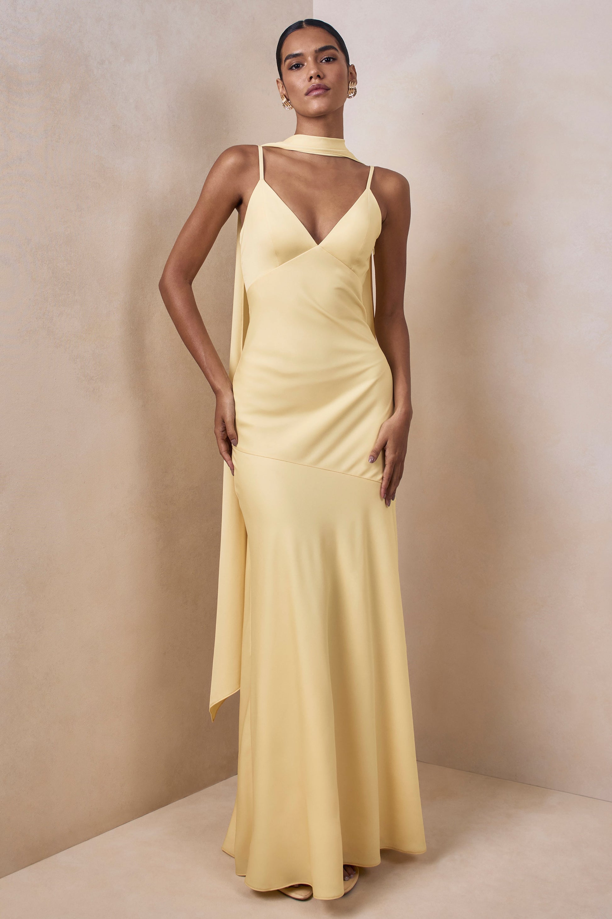 Starling | Lemon Matte Satin Plunge-Neck Maxi Dress With Scarf-Detail