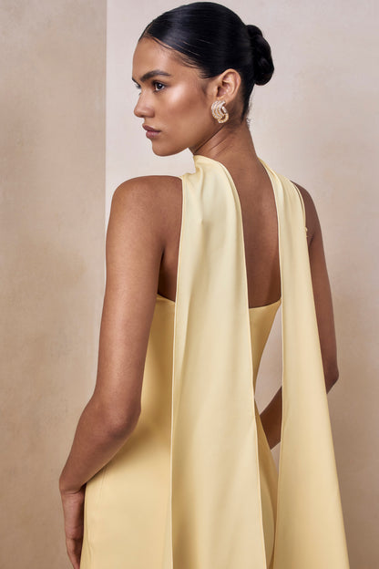 Starling | Lemon Matte Satin Plunge-Neck Maxi Dress With Scarf-Detail