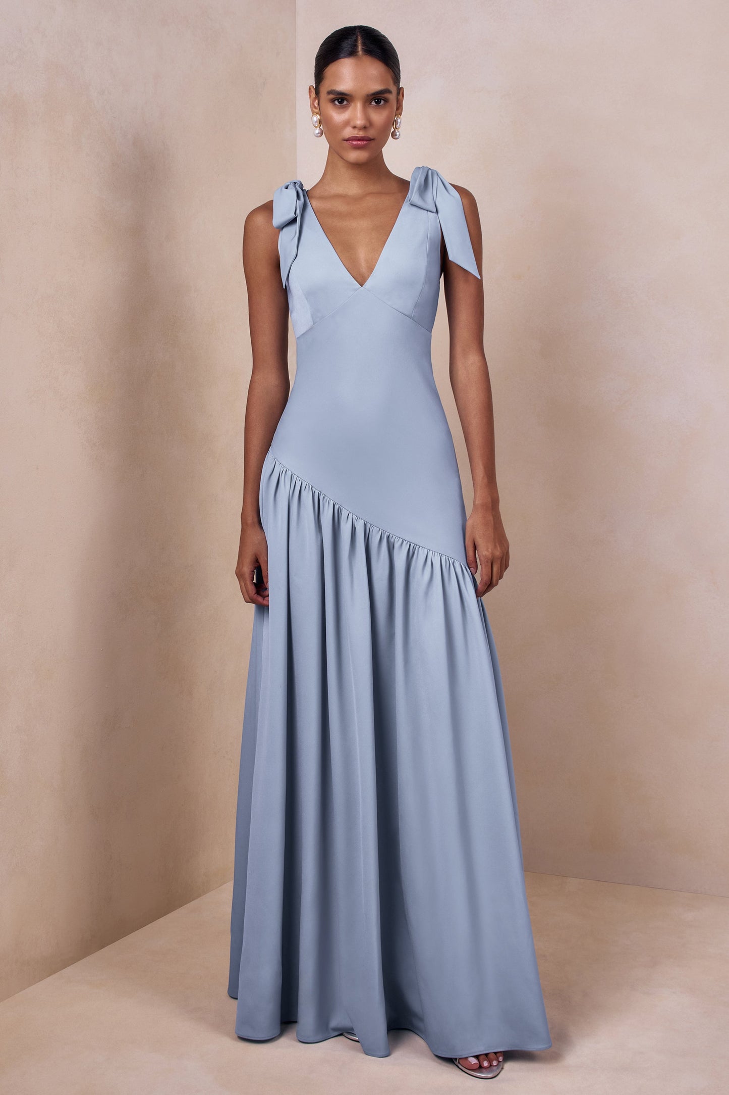 Cala | Powder Blue Matte Satin Plunge-Neck Maxi Dress With Bow-Sleeves