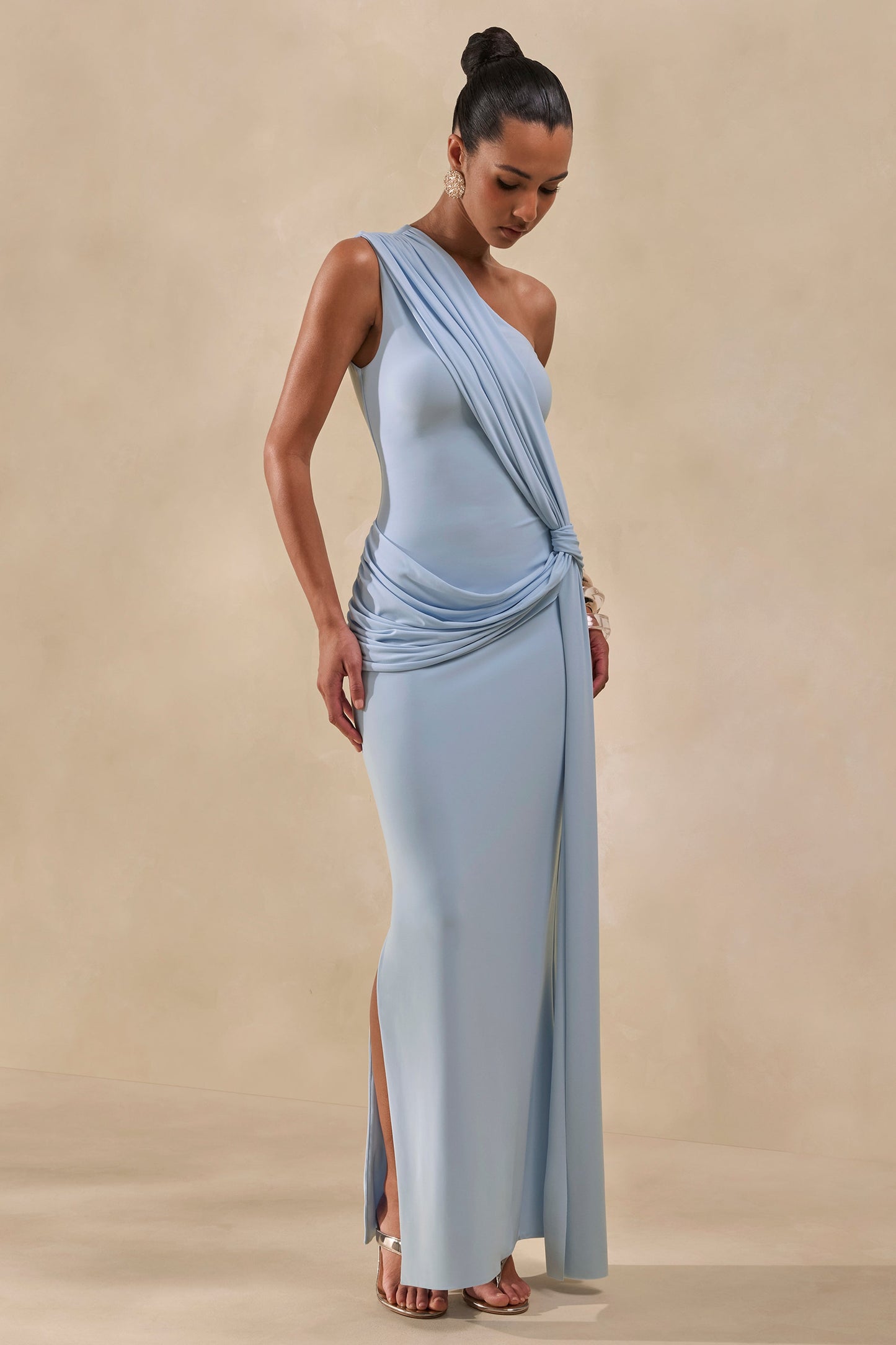 Lunoria | Powder Blue Asymmetric-Neck Maxi Dress With Gathered-Detailing