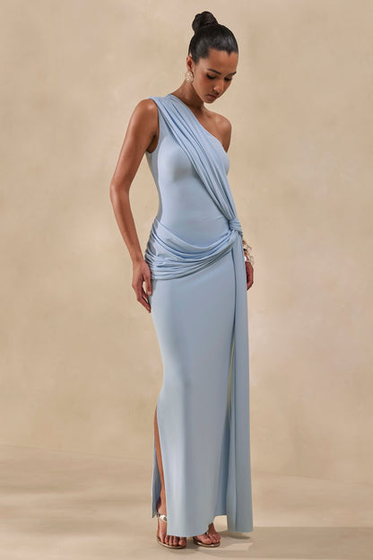 Lunoria | Powder Blue Asymmetric-Neck Maxi Dress With Gathered-Detailing