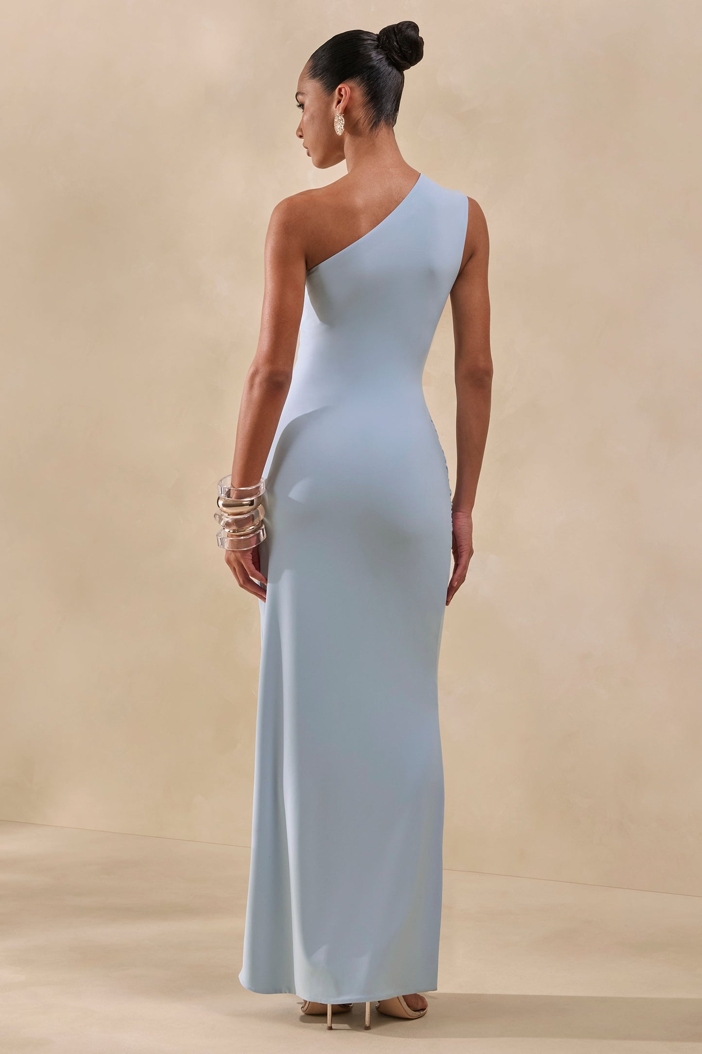 Lunoria | Powder Blue Asymmetric-Neck Maxi Dress With Gathered-Detailing