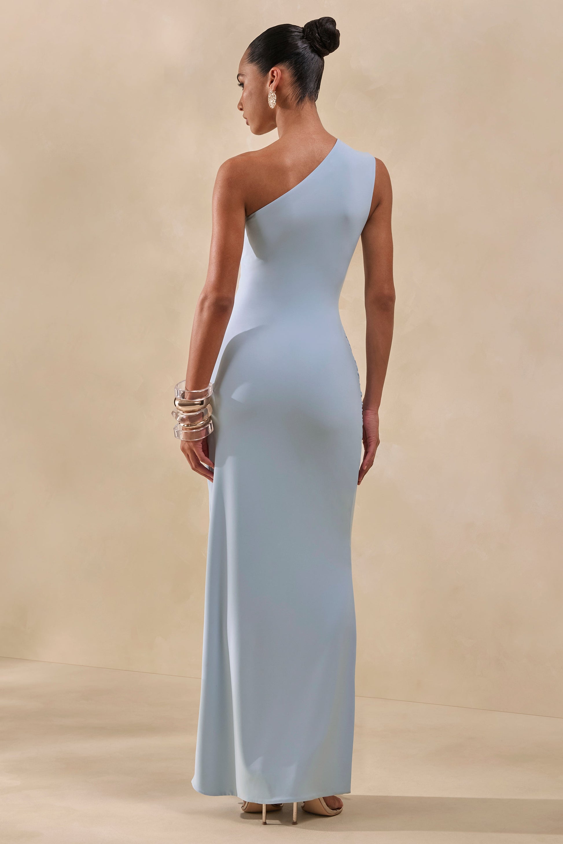 Lunoria | Powder Blue Asymmetric-Neck Maxi Dress With Gathered-Detailing