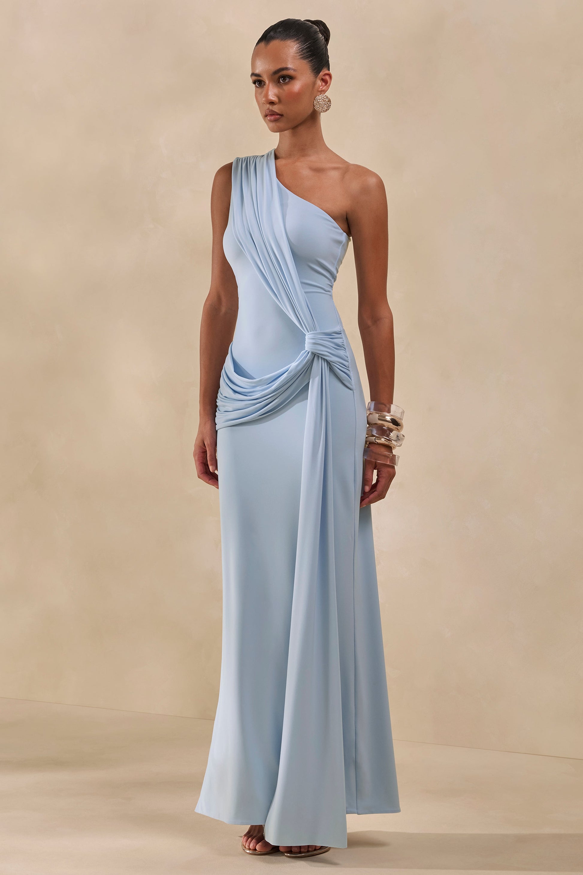 Lunoria | Powder Blue Asymmetric-Neck Maxi Dress With Gathered-Detailing