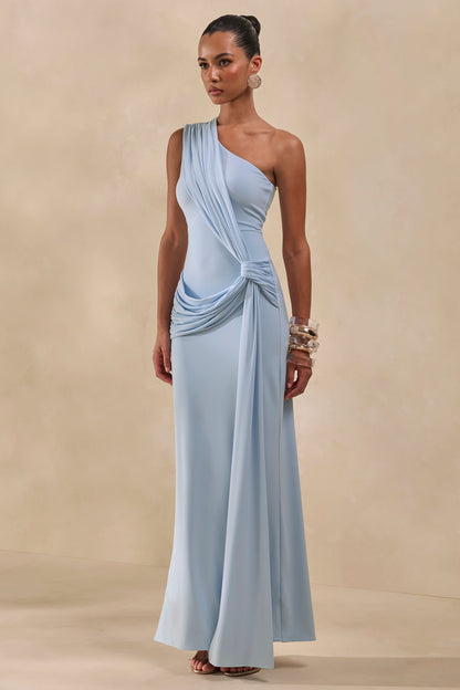 Lunoria | Powder Blue Asymmetric-Neck Maxi Dress With Gathered-Detailing