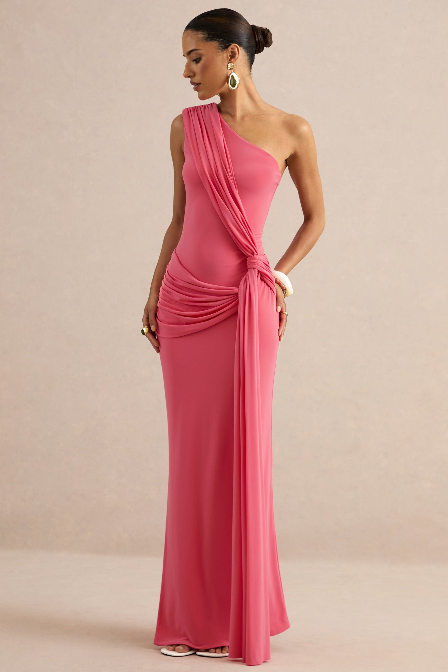 Lunoria | Coral Asymmetric-Neck Maxi Dress With Gathered-Detailing