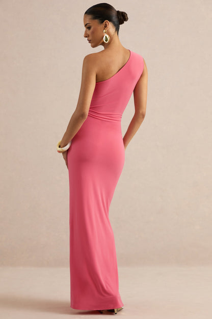 Lunoria | Coral Asymmetric-Neck Maxi Dress With Gathered-Detailing
