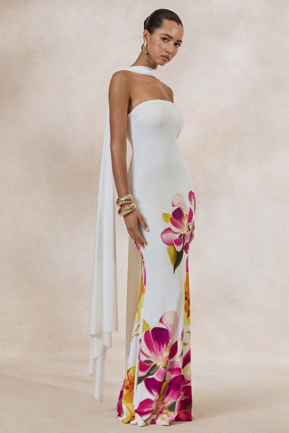 Brooke | Hot Pink And Lemon Floral Print Bandeau Neck Maxi Dress With Scarf