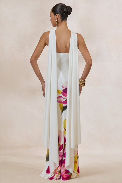 Brooke | Hot Pink And Lemon Floral Print Bandeau Neck Maxi Dress With Scarf