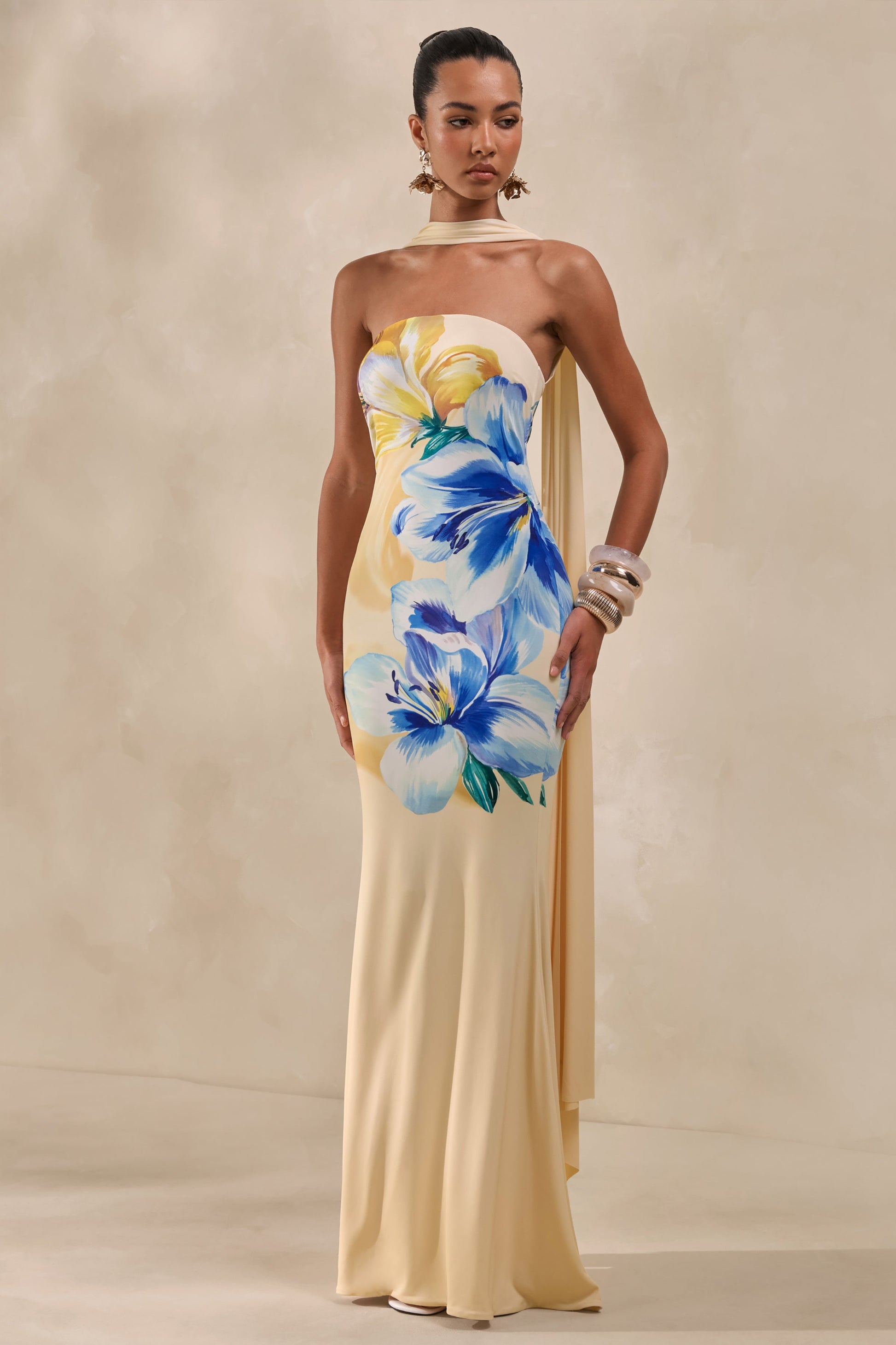 Brooke | Lemon And Blue Floral Print Bandeau Maxi Dress With Scarf