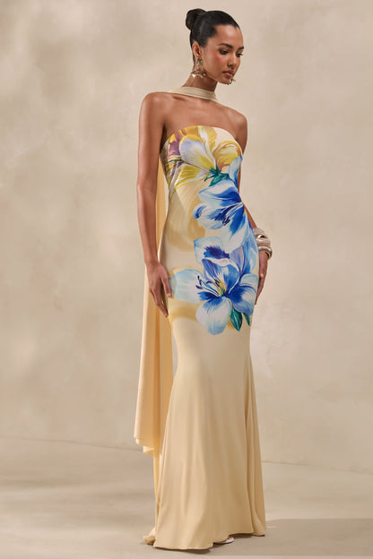 Brooke | Lemon And Blue Floral Print Bandeau Maxi Dress With Scarf