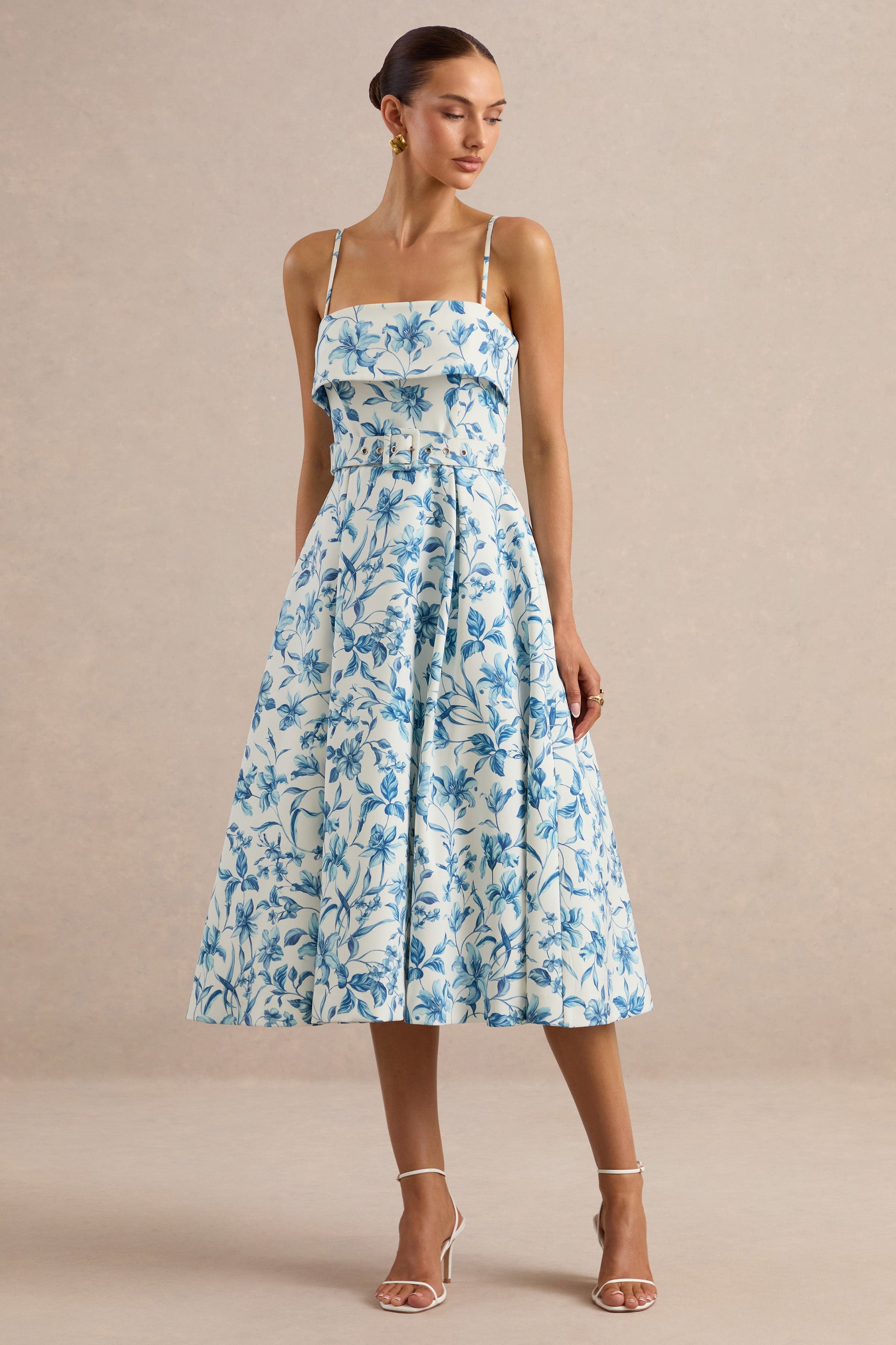 Devina | Blue Porcelain Print Square-Neck Belted Midi-Dress