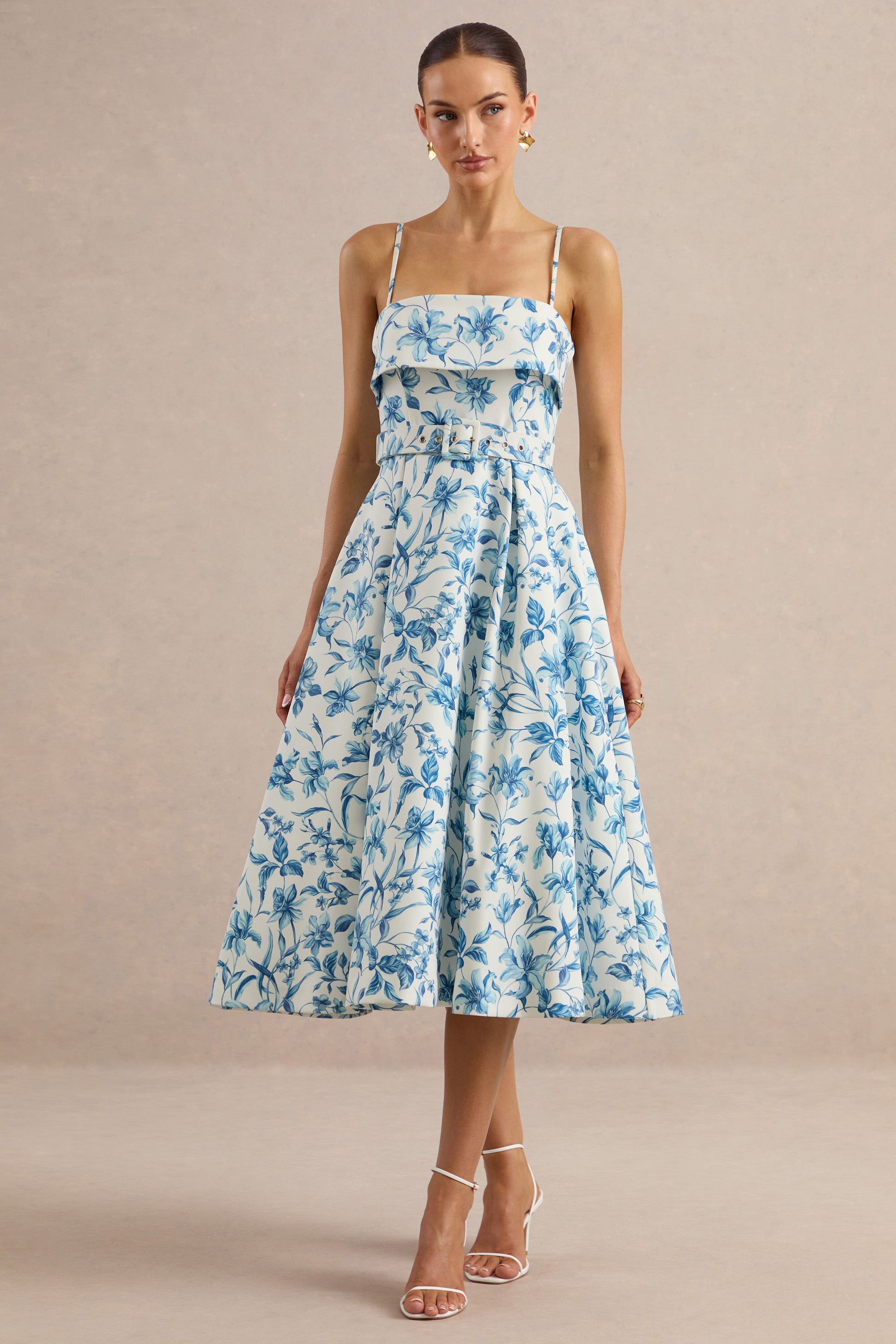 Devina | Blue Porcelain Print Square-Neck Belted Midi-Dress