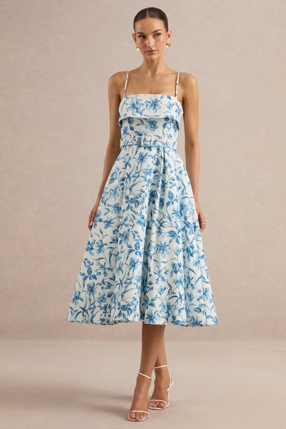 Devina | Blue Porcelain Print Square-Neck Belted Midi-Dress