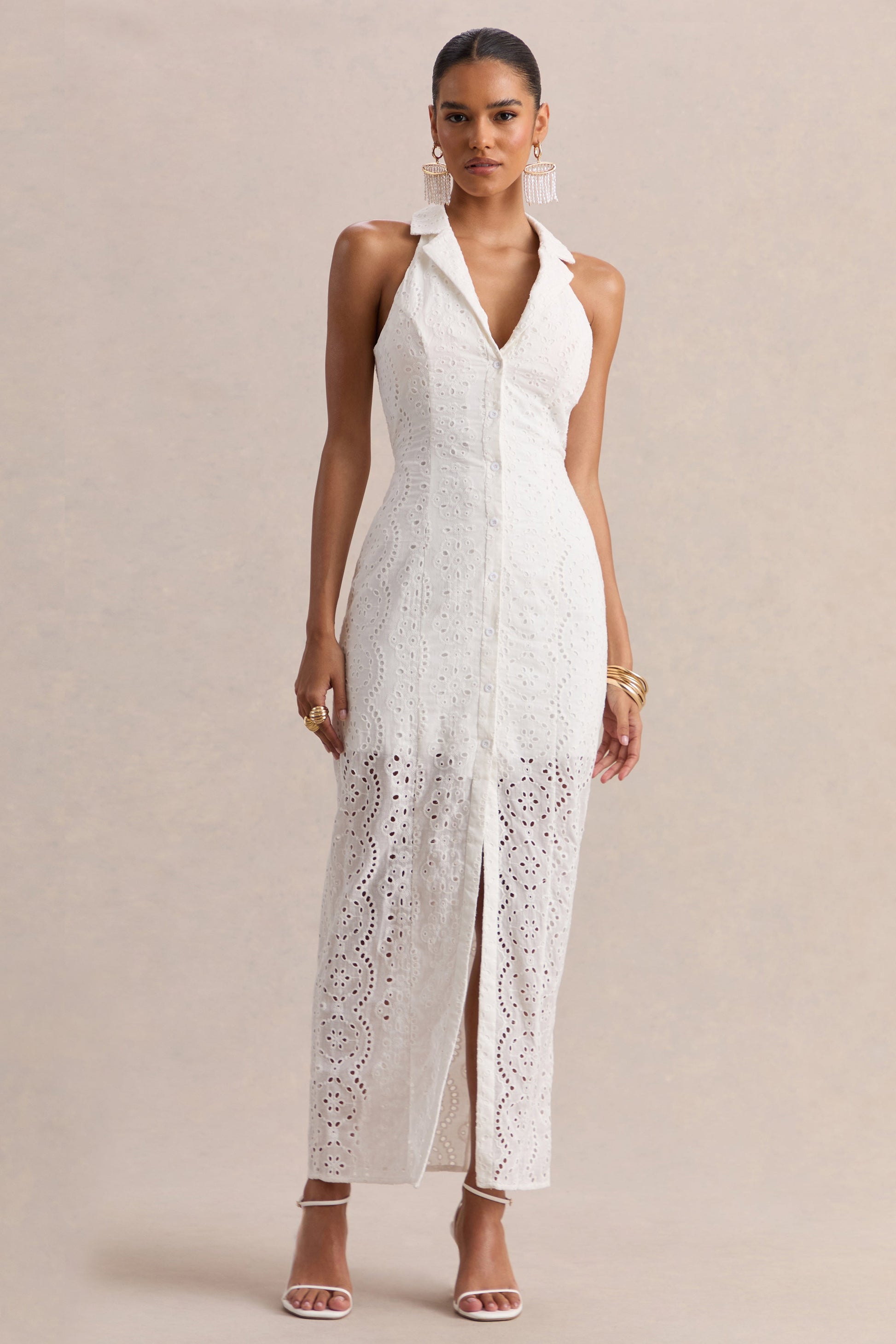 Tover | White Broderie Plunge-Neck Maxi Dress