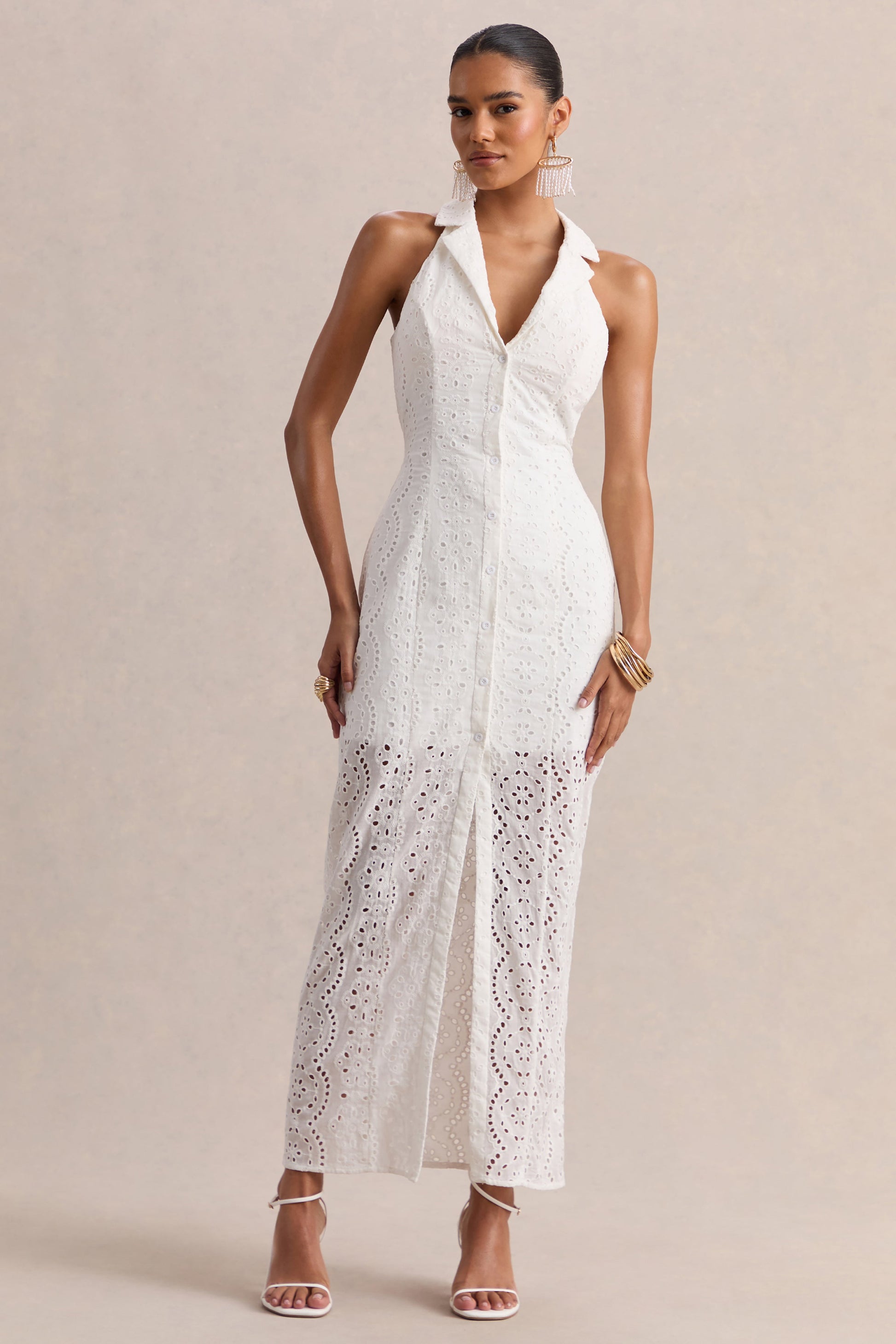Tover | White Broderie Plunge-Neck Maxi Dress