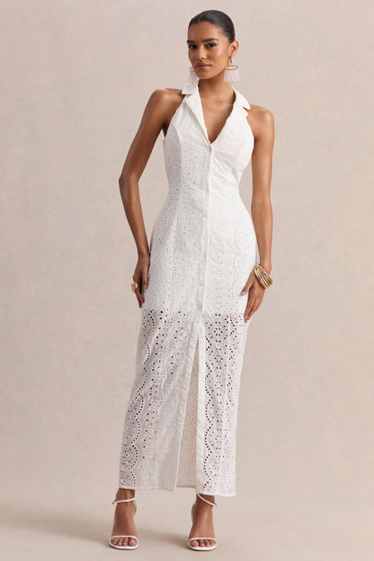 Tover | White Broderie Plunge-Neck Maxi Dress