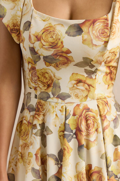 Mena | Lemon Rose Print Square-Neck Midi Dress With Bow Sleeves