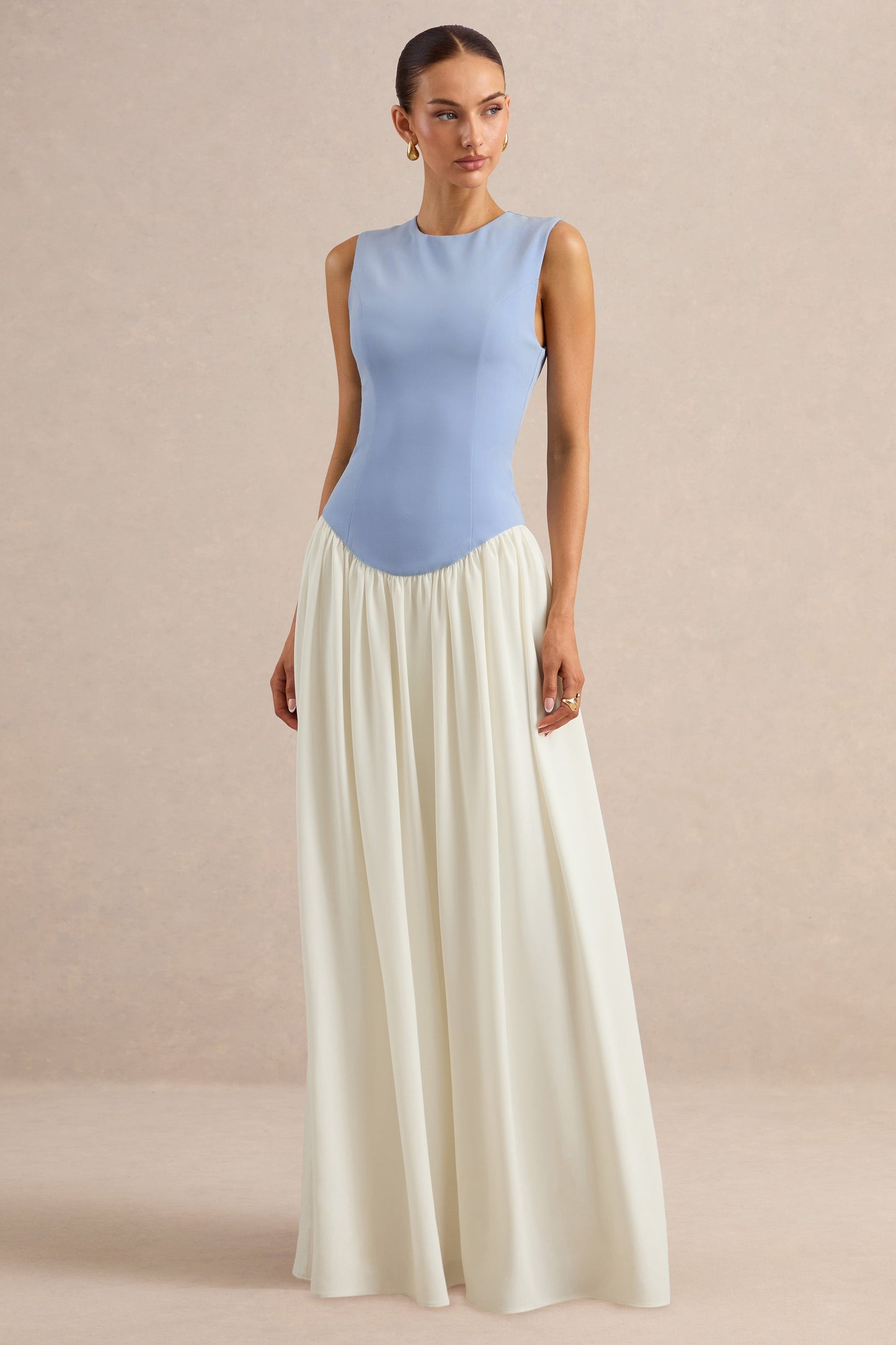Iliana | Powder Blue And White Crew-Neck Maxi Dress With Drop-Waist And Pleated Skirt