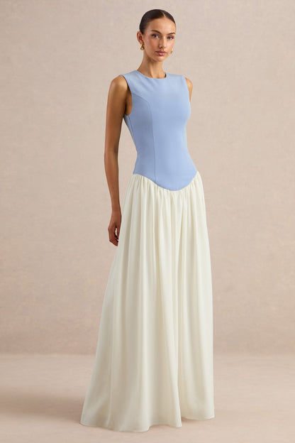 Iliana | Powder Blue And White Crew-Neck Maxi Dress With Drop-Waist And Pleated Skirt